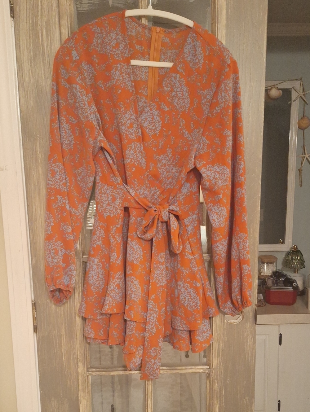 Women's Orange Floral Tie-Waist Shorts Romper